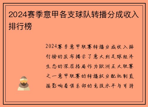 2024赛季意甲各支球队转播分成收入排行榜