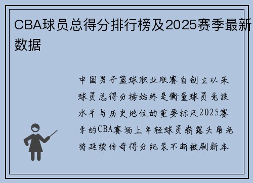 CBA球员总得分排行榜及2025赛季最新数据